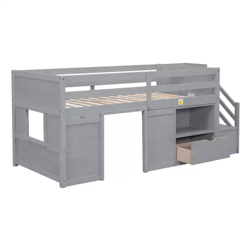 Lit mezzanine simple Okak en bois massif avec escalier et rangement, lit superposé simple bas avec tiroirs et étagères, lit mezzanine multifonctionnel pour enfants et adolescents