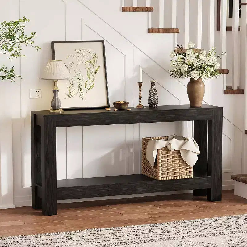 63 inch smalle houten haltafel met 2 laden voor woonkamer, gang of entree, decoratieve opberghaltafel