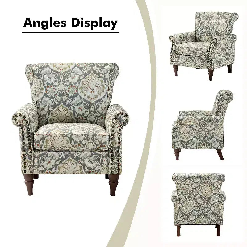 Sillón floral tradicional Araceli con estructura de madera, tapizado, respaldo alto con alas y acabado de tachuelas| ART OF LIVING DESIGNS