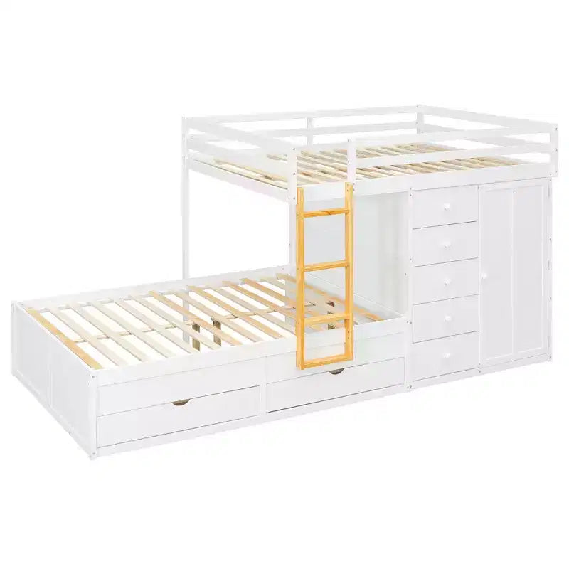 Stapelbed met twee volledige bedden, opbergkast en laden, houten ruimtebesparend stapelbed van volledig formaat met veiligheidshekje voor appartement of slaapkamer