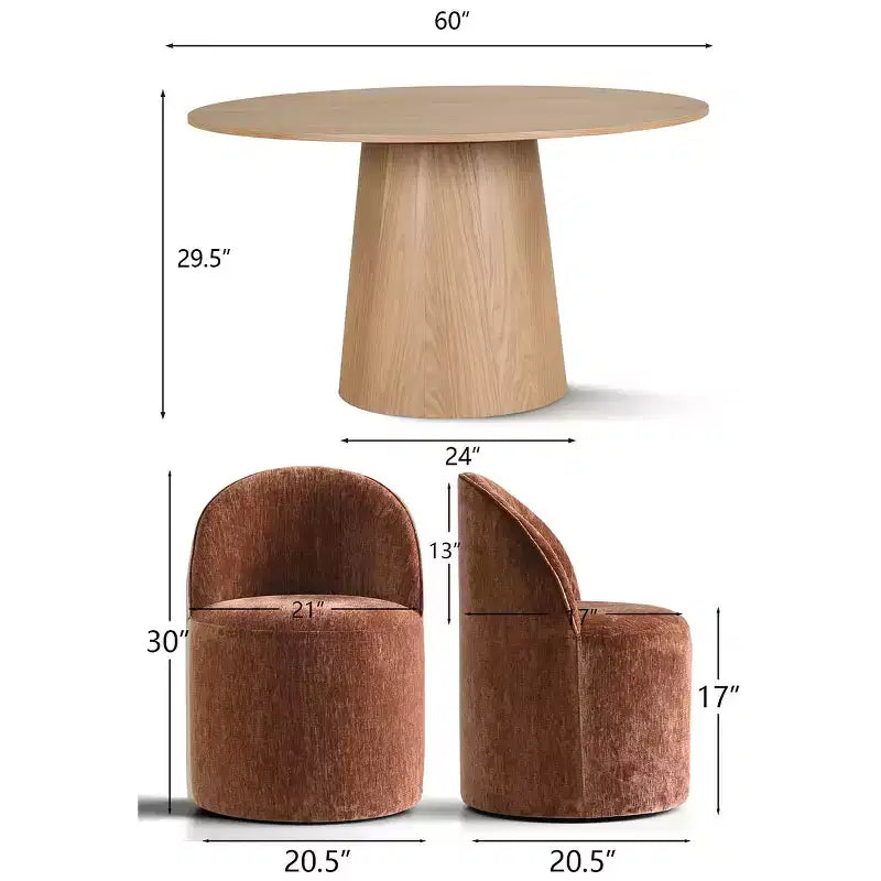 Modernes Esszimmer-Set für 6 Personen, runder Esstisch mit Säulenfuß, drehbare Fassstühle mit Rollen, Chenille-Strukturstoff – Panipeachy