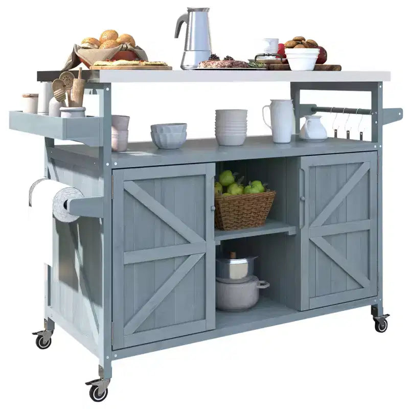 Îlot de cuisine extérieur Okak avec plateau en acier inoxydable, desserte de cuisine en bois avec portes, étagères et porte-épices, îlot de cuisine à roulettes