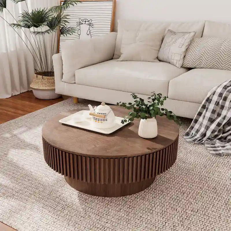 Table basse ronde moderne en bois massif plaqué avec rangement