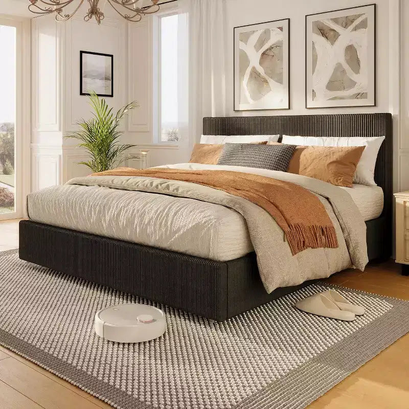 CuisinSmart corduroy bedframe met hoofdbord, gestoffeerd platformbed met 4 opbergladen en houten lattenbodem