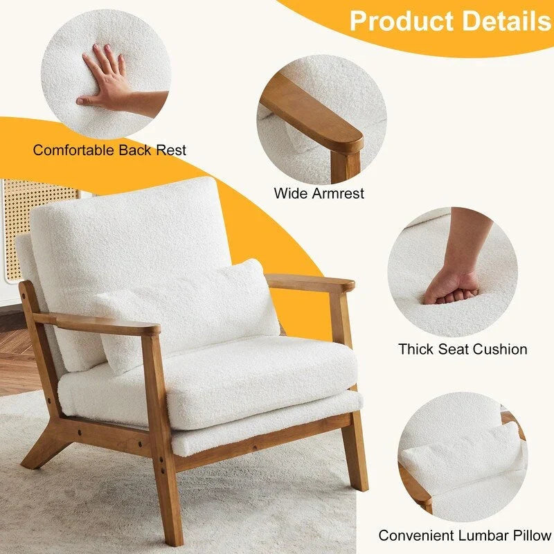 Fauteuil d'appoint rembourré en mélange de lin avec pieds en bois et un coussin, beige