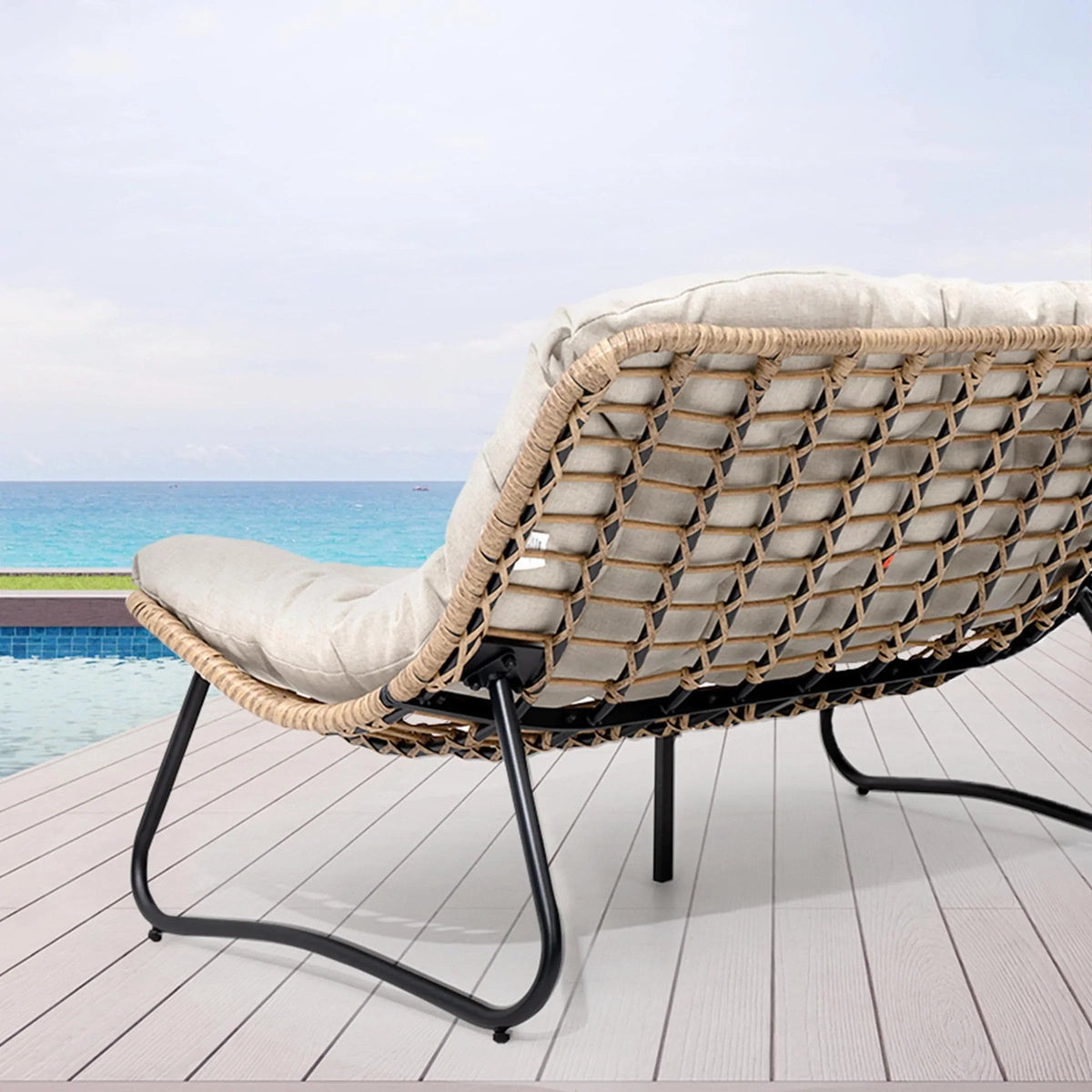 Minderli Çiftli Papasan Koltuk, İç ve Dış Mekân için Her Hava Koşuluna Uygun PE Rattan ve Metal Çerçeve
