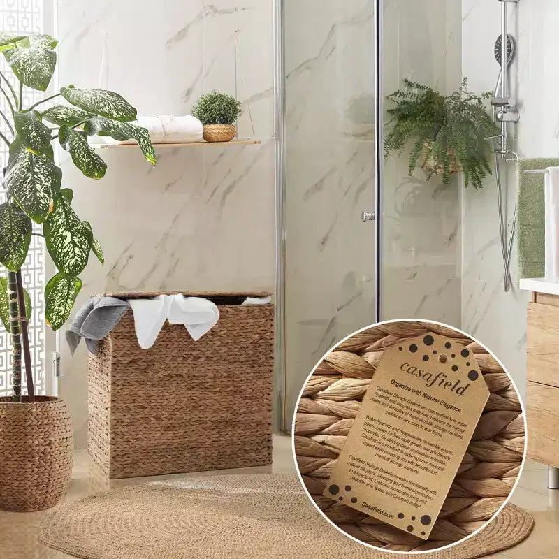 Casafield Wäschekorb mit Deckel und herausnehmbaren Futterbeuteln mit 2 Fächern, geflochtener Wäschekorb aus Wasserhyazinthe zum Sortieren von Kleidung