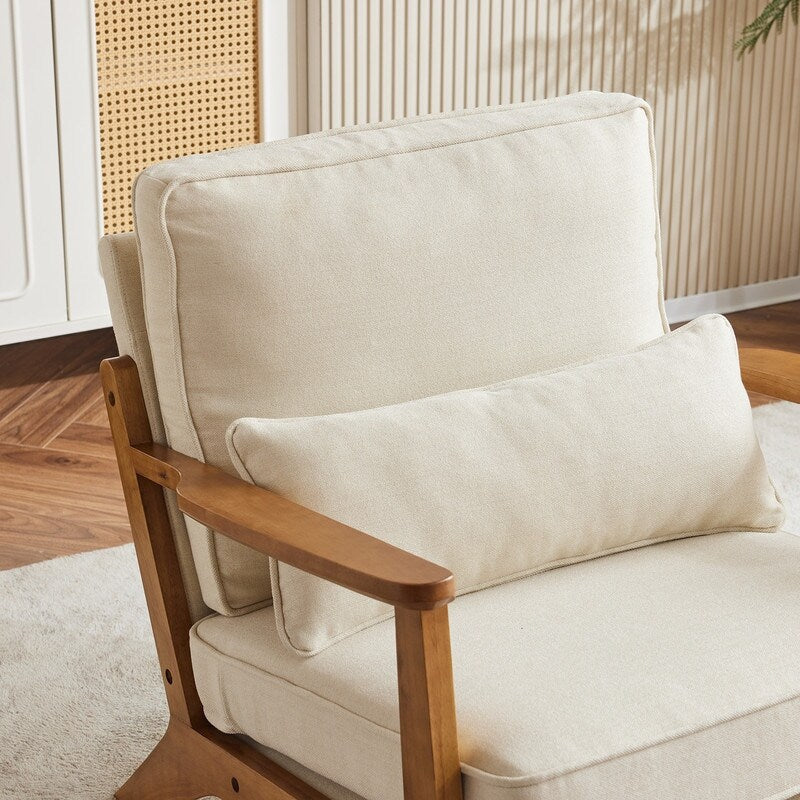 Fauteuil d'appoint rembourré en mélange de lin avec pieds en bois et un coussin, beige