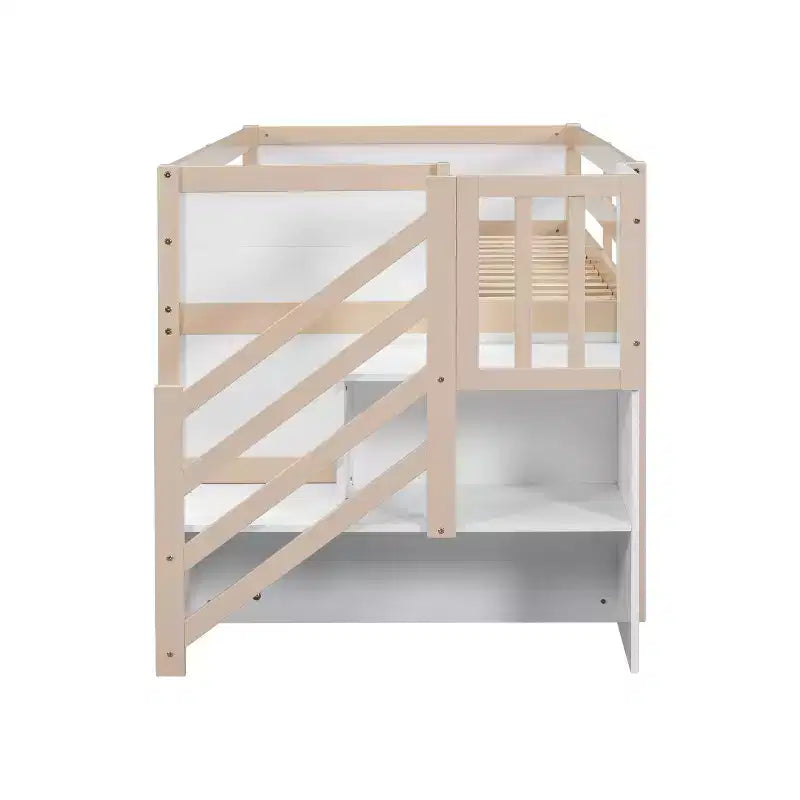 Lit mezzanine simple Okak en bois massif avec escalier et rangement, lit superposé simple bas avec tiroirs et étagères, lit mezzanine multifonctionnel pour enfants et adolescents