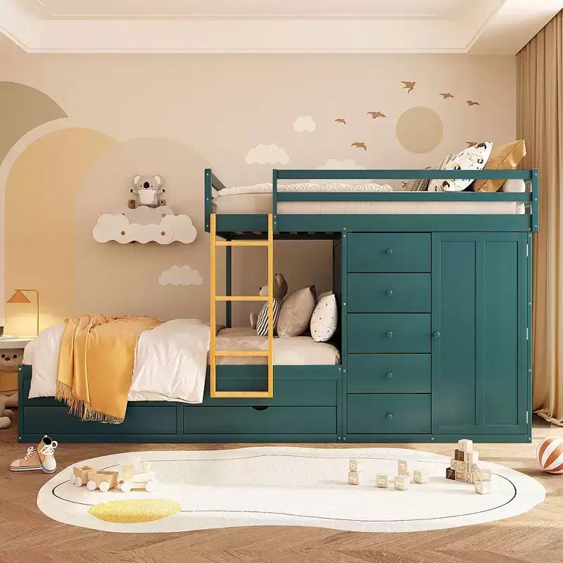 Stapelbed met twee volledige bedden, opbergkast en laden, houten ruimtebesparend stapelbed van volledig formaat met veiligheidshekje voor appartement of slaapkamer