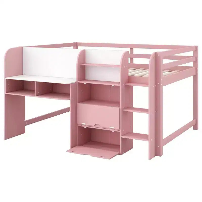 Niedriges Hochbett in Pink/Weiß mit Schreibtisch, Stauraum und Whiteboard - C Twin, 1 Person