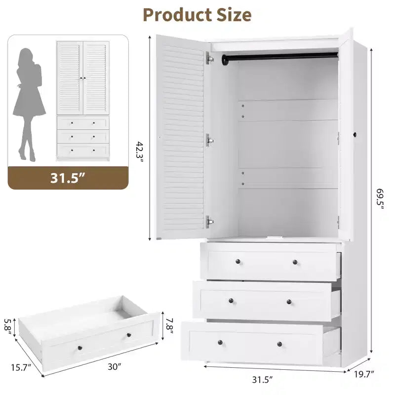 COZONY 3 çekmeceli ve 2 kapılı gardırop, yatak odası için modern ahşap giysi dolabı, dayanıklı beyaz ayaklı gardırop
