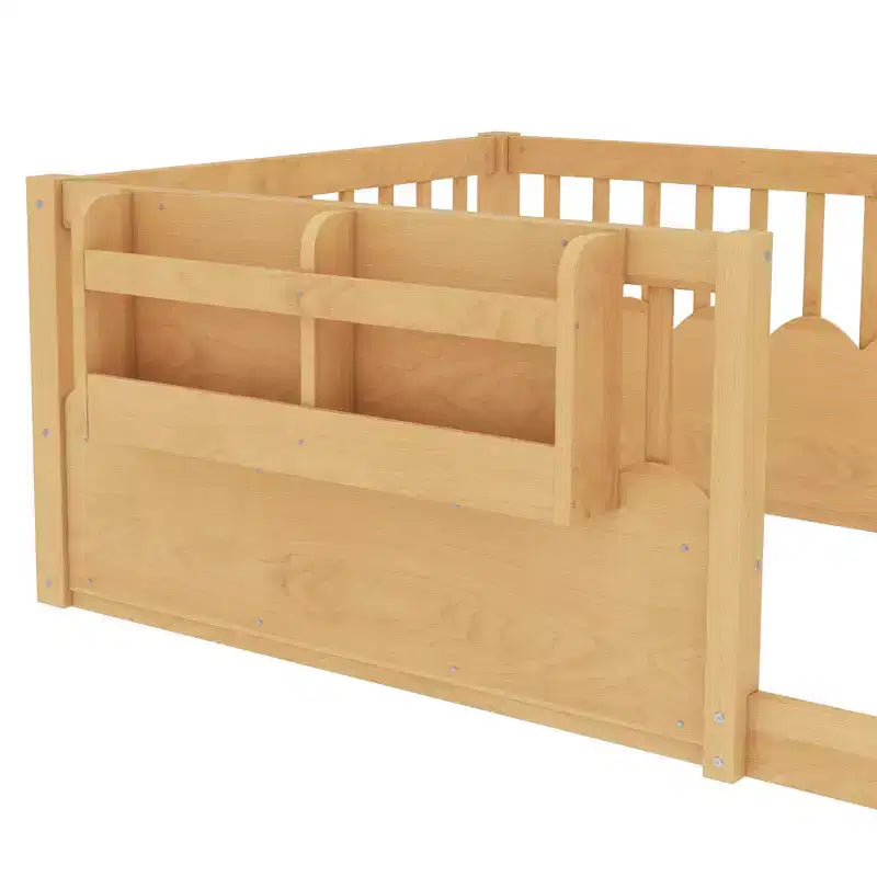 Lit cabane Montessori simple en bois Bellemave pour enfants, avec barrière surélevée et bibliothèque, pour filles et garçons