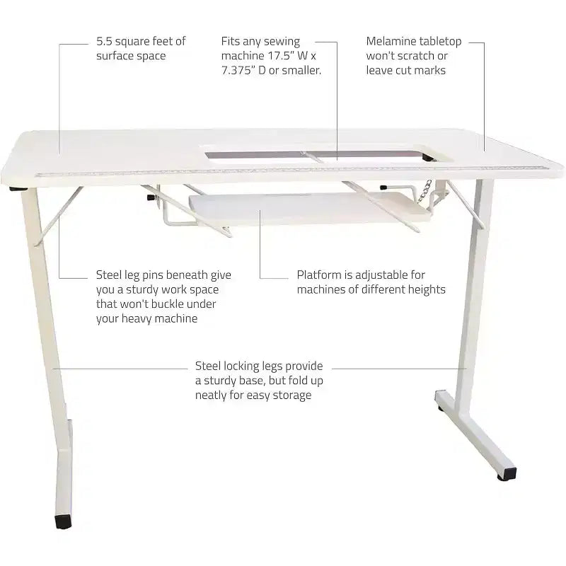 SewingRite SewStation 101 tragbarer, zusammenklappbarer Nähtisch mit Stahlbeinen, Weiß – ideal für Zuhause, Büro und Gewerbe