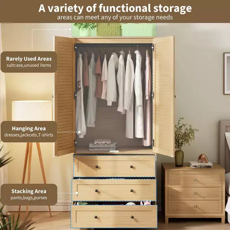 COZONY 3 çekmeceli ve 2 kapılı gardırop, yatak odası için modern ahşap giysi dolabı, dayanıklı beyaz ayaklı gardırop