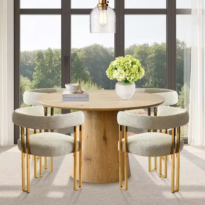 Uitbreidbare ronde tot ovale eettafelset met 4 fluwelen fauteuils, modern voetstukontwerp, geschikt voor maximaal 8 personen-Panipeachy