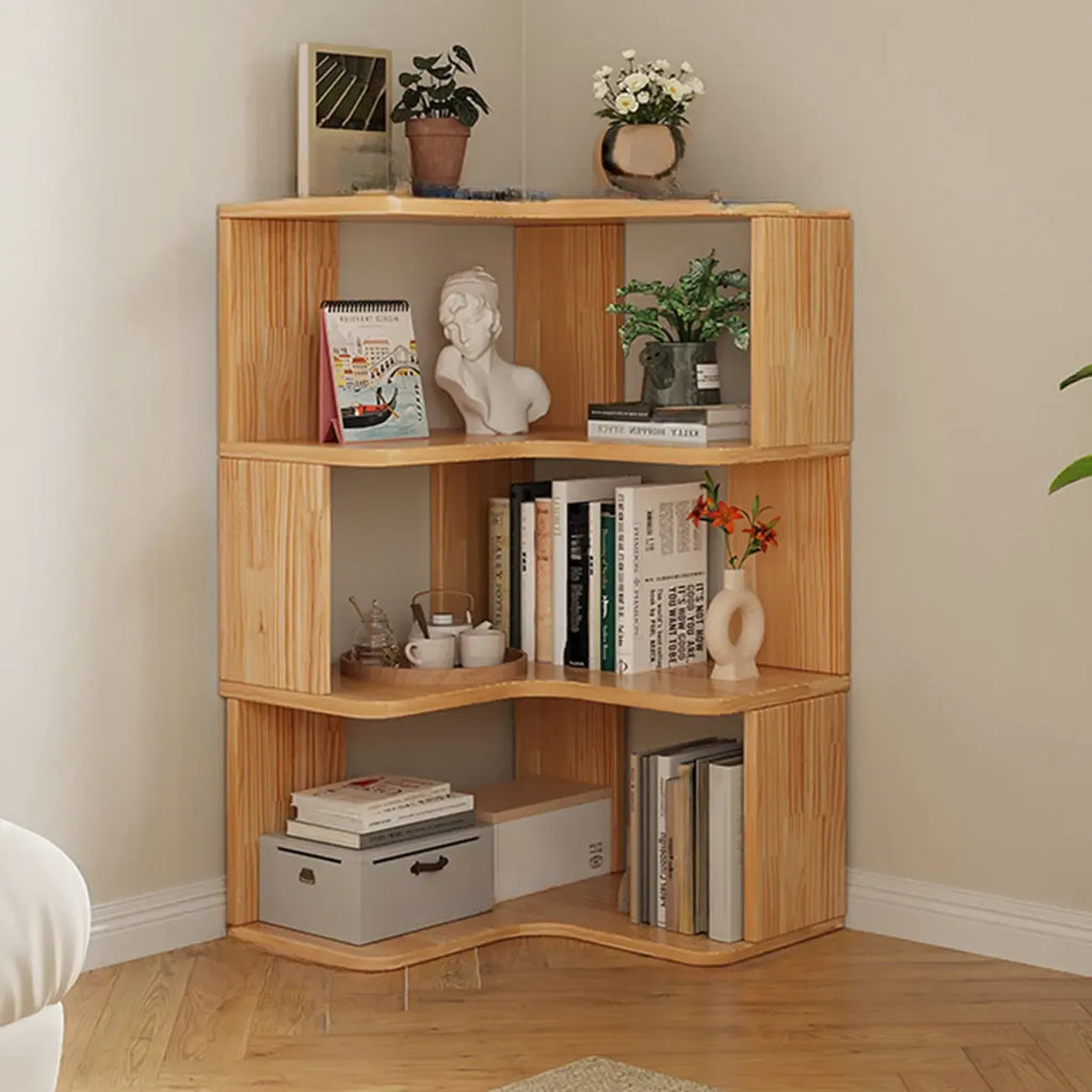 Vertikales L-förmiges Bücherregal aus Holz mit natürlicher Oberfläche und offener Rückseite