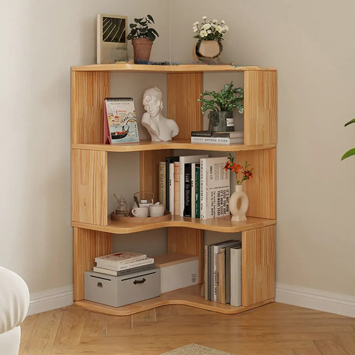Vertikales L-förmiges Bücherregal aus Holz mit natürlicher Oberfläche und offener Rückseite