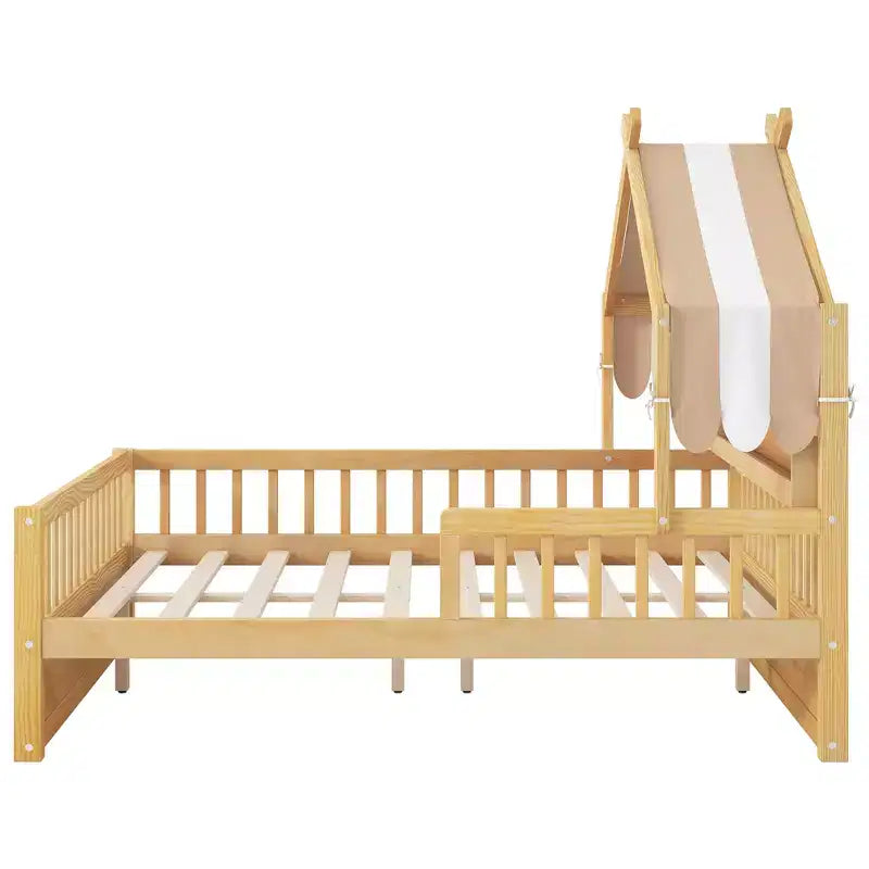 ModernLuxe Holzhausbett in Twin/Full-Größe mit Kopfteil und Stauraum, Kinderbettgestell aus massivem Kiefernholz mit Rausfallschutz