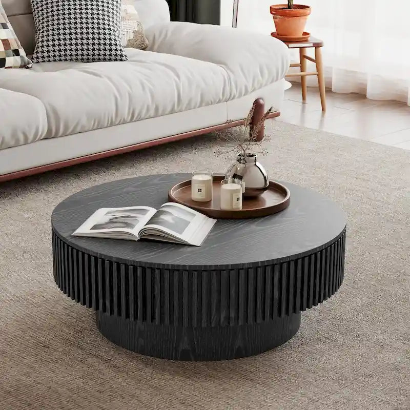 Table basse ronde moderne en bois massif plaqué avec rangement