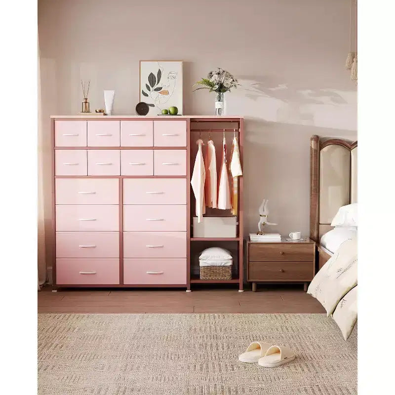 Commode avec 16 tiroirs, tringle et étagères, organisateur de rangement en tissu pour chambre, dressing ou entrée