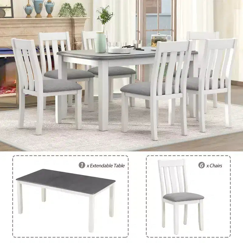 Ensemble de table à manger extensible de style champêtre pour 6 personnes, table rectangulaire et 6 chaises rembourrées