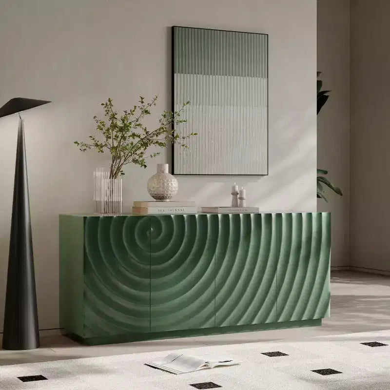 59 moderner Spiralen-Sideboard-Schrank, niedriges dekoratives Aufbewahrungsmöbel für den Eingangsbereich mit Türen in 3D-Wellenoptik