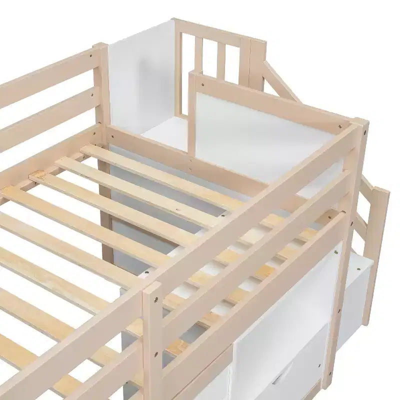 94,6L x 42,3B bed van massief hout in eenpersoonsformaat, laag hoogslaperbed met trap, lade en plank, modern en strak ontwerp