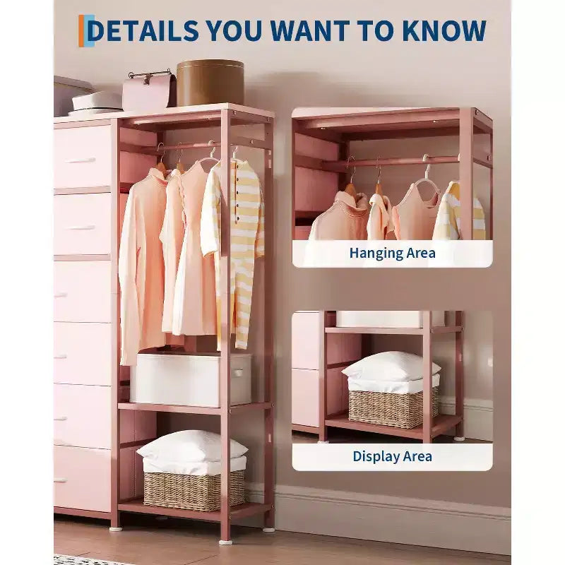 Commode avec 16 tiroirs, tringle et étagères, organisateur de rangement en tissu pour chambre, dressing ou entrée