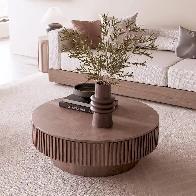 Table basse ronde moderne en bois massif plaqué avec rangement