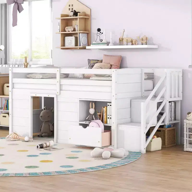 Lit mezzanine simple Okak en bois massif avec escalier et rangement, lit superposé simple bas avec tiroirs et étagères, lit mezzanine multifonctionnel pour enfants et adolescents
