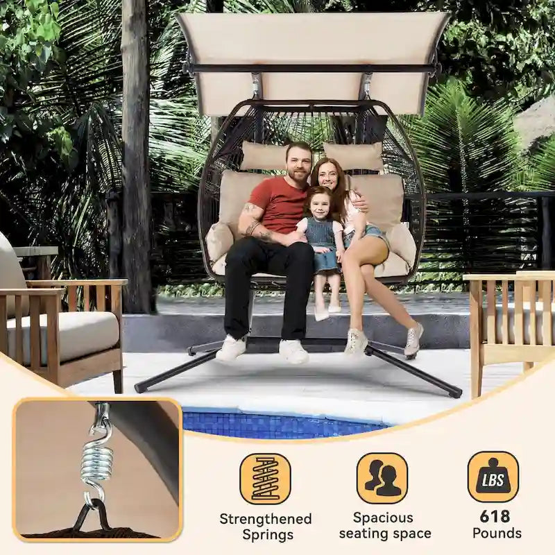 Outdoor-Schaukelsofa für zwei mit Gestell, faltbarer Hängesessel, Hängemattenkissen und Sonnendach, doppelter Eiersessel – Beige