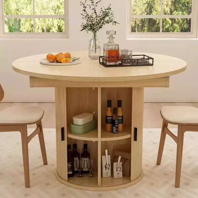 Dyonery 63 uitschuifbare ronde keukentafel voor de eetkamer met opbergrek met 2 niveaus, met voet, houten ovale ronde eettafel, walnoot