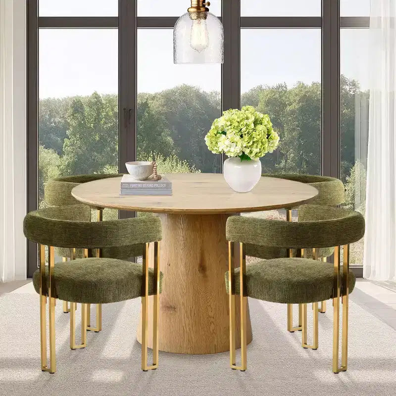 Uitbreidbare ronde tot ovale eettafelset met 4 fluwelen fauteuils, modern voetstukontwerp, geschikt voor maximaal 8 personen-Panipeachy
