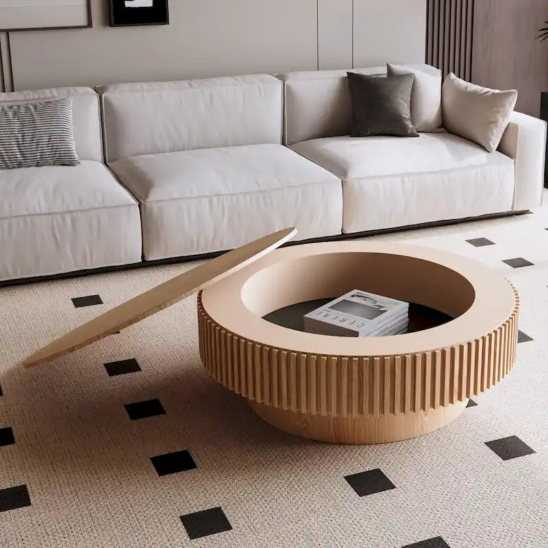 Table basse ronde moderne en bois massif plaqué avec rangement