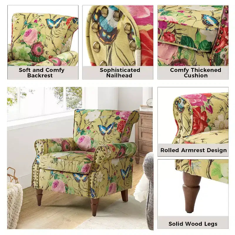 Sillón floral tradicional Araceli con estructura de madera, tapizado, respaldo alto con alas y acabado de tachuelas| ART OF LIVING DESIGNS