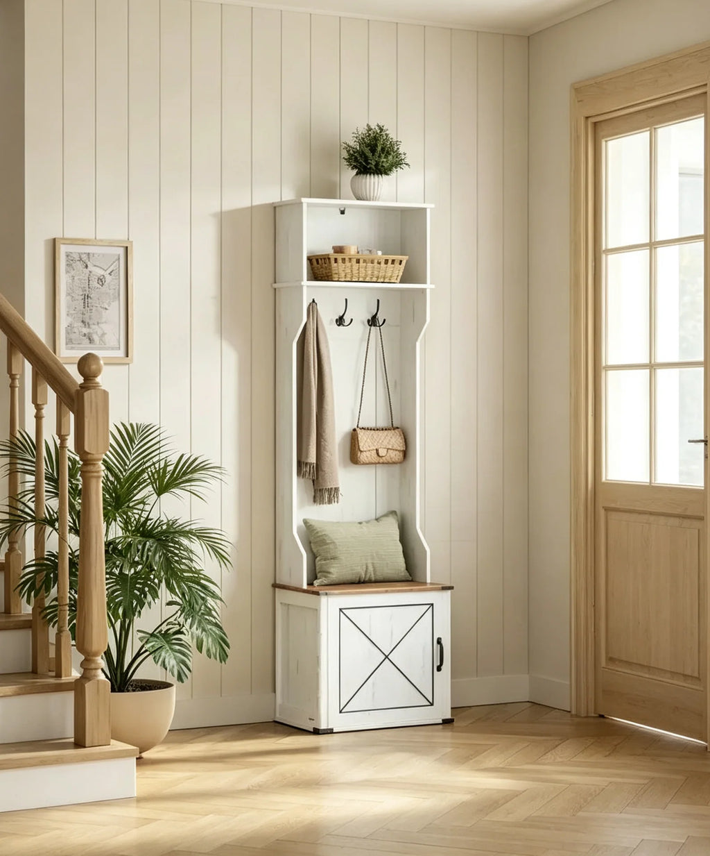 Porte-manteau avec banc et rangement à chaussures, meuble d’entrée avec banc à chaussures, 3 crochets triangulaires, porte avec poignée, blanc rustique