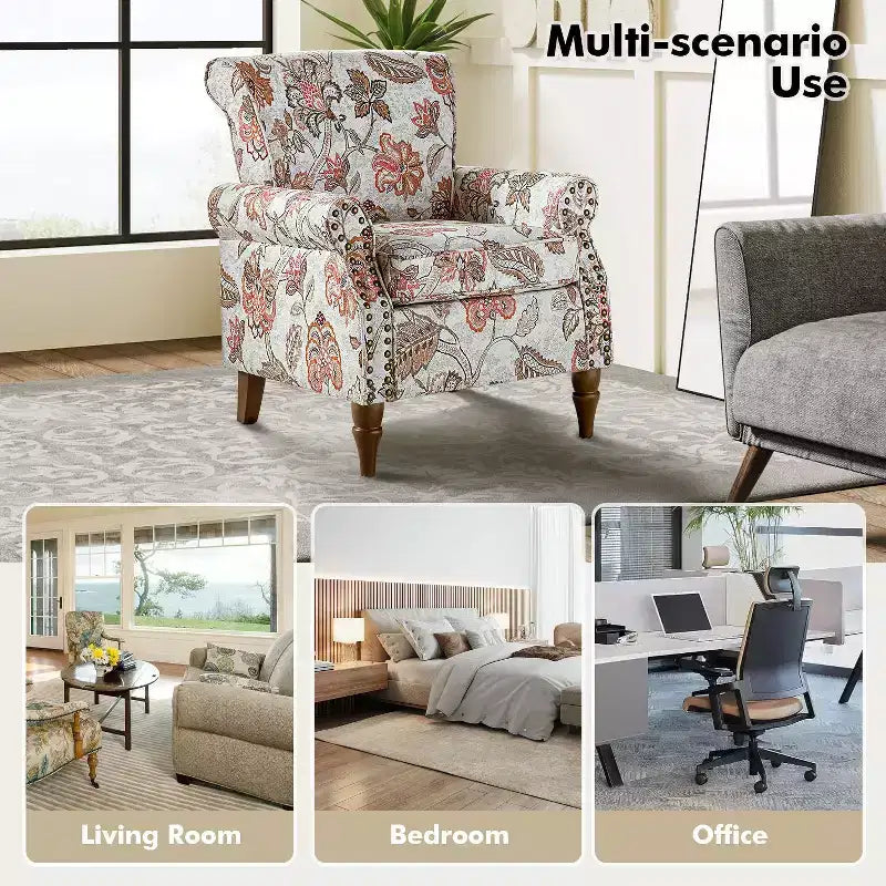 Sillón floral tradicional Araceli con estructura de madera, tapizado, respaldo alto con alas y acabado de tachuelas| ART OF LIVING DESIGNS