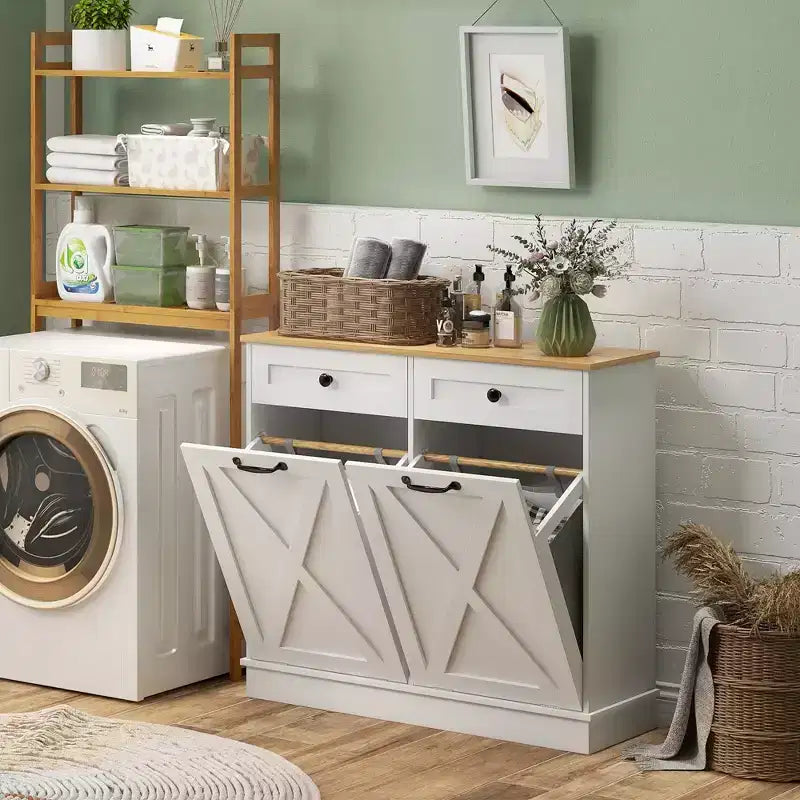 Meuble cache-panier à linge basculant HOMCOM, meuble de rangement de salle de bains avec 2 paniers amovibles et 2 tiroirs