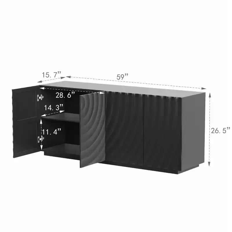 59 moderner Spiralen-Sideboard-Schrank, niedriges dekoratives Aufbewahrungsmöbel für den Eingangsbereich mit Türen in 3D-Wellenoptik