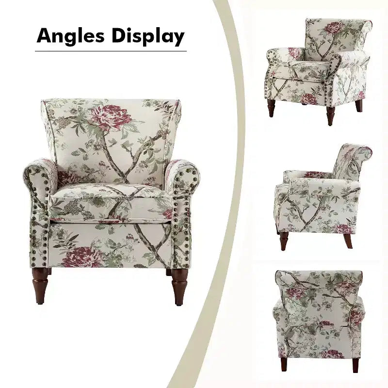 Sillón floral tradicional Araceli con estructura de madera, tapizado, respaldo alto con alas y acabado de tachuelas| ART OF LIVING DESIGNS