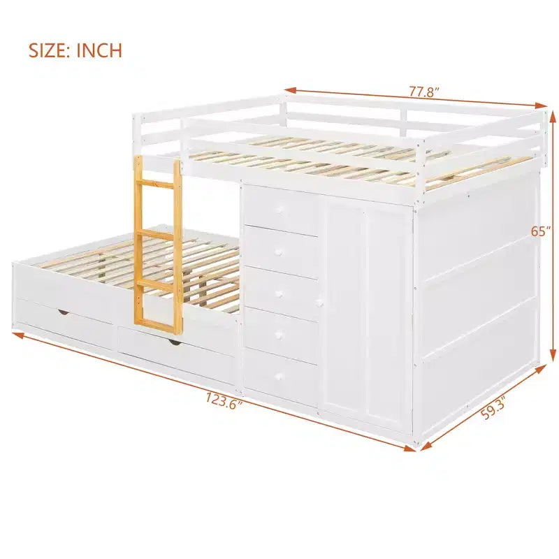 Stapelbed met twee volledige bedden, opbergkast en laden, houten ruimtebesparend stapelbed van volledig formaat met veiligheidshekje voor appartement of slaapkamer