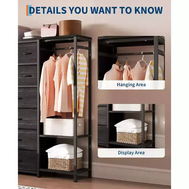 Commode avec 16 tiroirs, tringle et étagères, organisateur de rangement en tissu pour chambre, dressing ou entrée