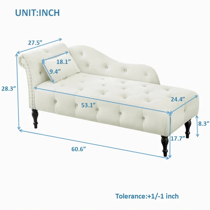 Chaise longue moderne de 60,6 po, revêtement en velours, boutons capitonnés, pieds en bois massif et clous décoratifs