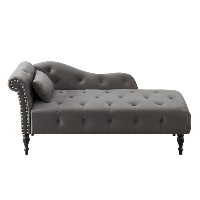 Chaise longue moderne de 60,6 po, revêtement en velours, boutons capitonnés, pieds en bois massif et clous décoratifs