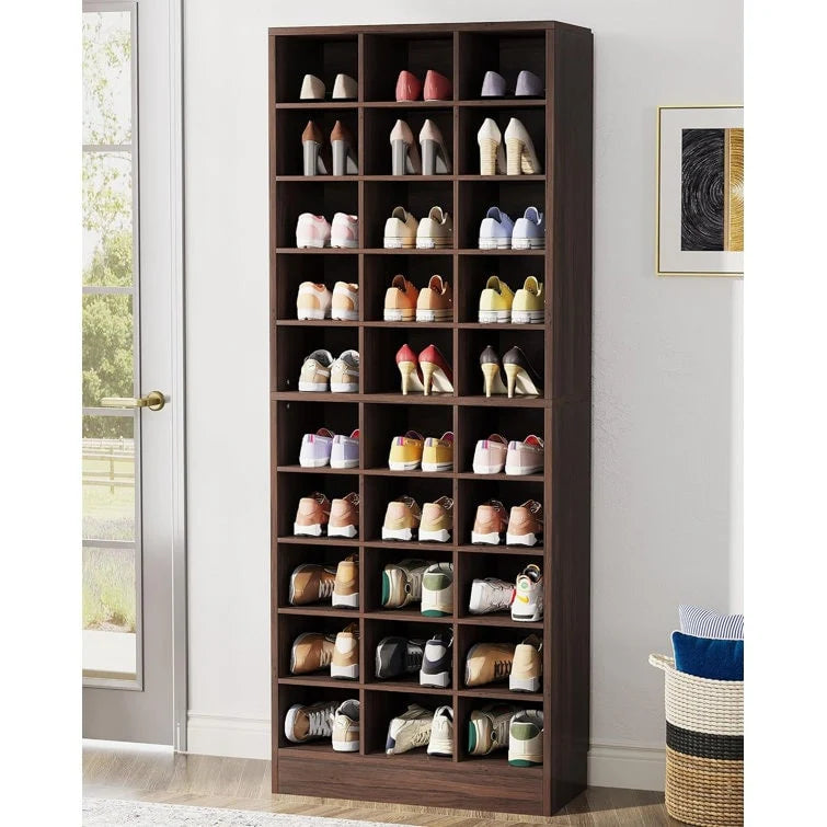 Hoge schoenenkast voor 30 paar schoenen, 10 etages, wit houten schoenenrek voor kledingkast en hal - 10 etages