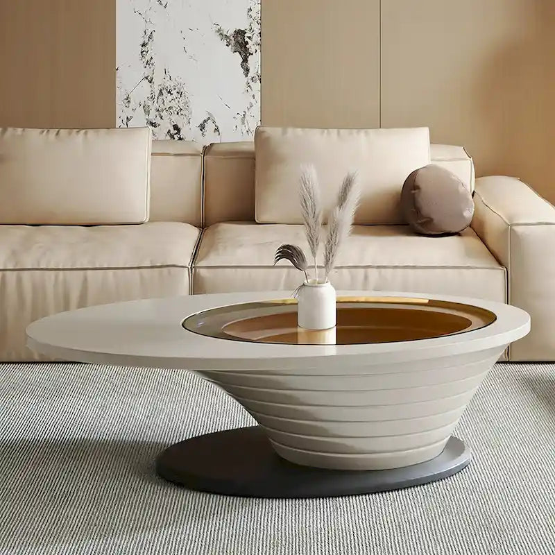 Moderner minimalistischer Couchtisch mit ovaler Glasplatte und hellgrauem Untergestell - L 51.18'W 25.59'H 14.37'