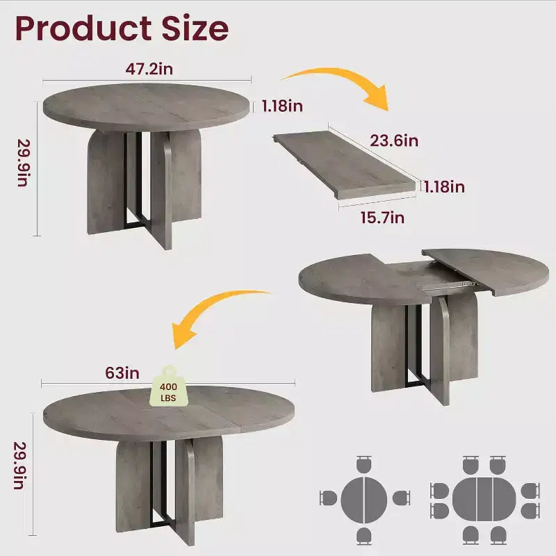 Ausziehbarer runder Esstisch, 47–63 Zoll, für 4–8 Personen, ausziehbarer Küchen- und Esstisch aus Holz im Landhausstil mit Metallgestell, oval, platzsparend für Wohnungen, Retro-Grau