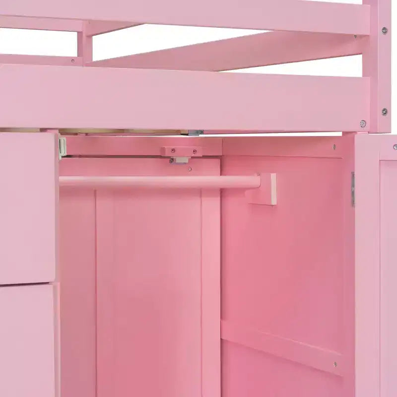 Stapelbed met twee volledige bedden, opbergkast en laden, houten ruimtebesparend stapelbed van volledig formaat met veiligheidshekje voor appartement of slaapkamer