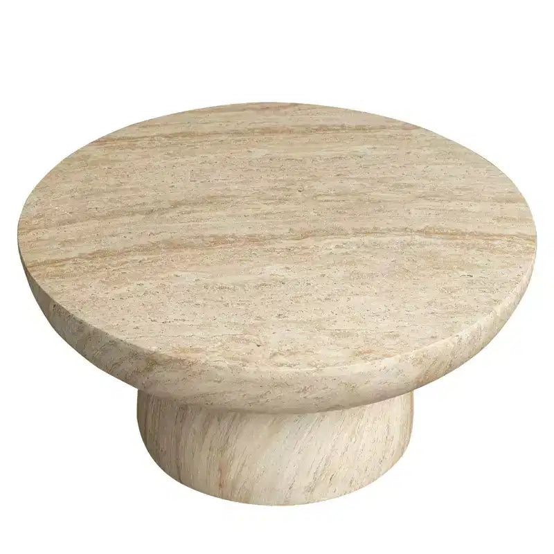 Mesa de centro redonda con pedestal de piedra de fibra, mesa decorativa esculpida para interiores y exteriores con almohadillas antideslizantes